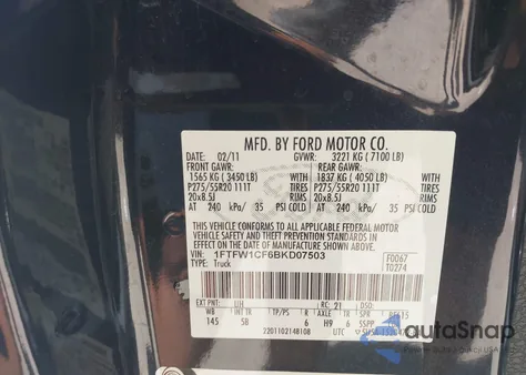 2011 Ford F-150 Fx2 из США, поврежденный, VIN 1FTFW1CF6BKD07503